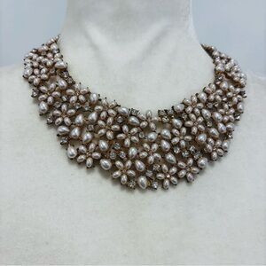 Rhinestone & Pearl Bib Necklace Gold/Brass Color Choker